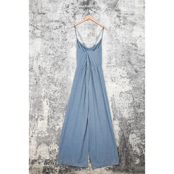 Urban Outfitters Blue Glitter Sleeveless Cross Back Wide Leg Jumpsuit Size L - Picture 3 of 5